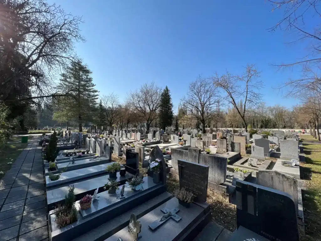 Vue d’un cimetière avec des rangées de tombes gravées, chemin pavé et arbres au fond; ambiance calme et ordonnée. Concession cimetière à perpétuité évoquée par le cadre.