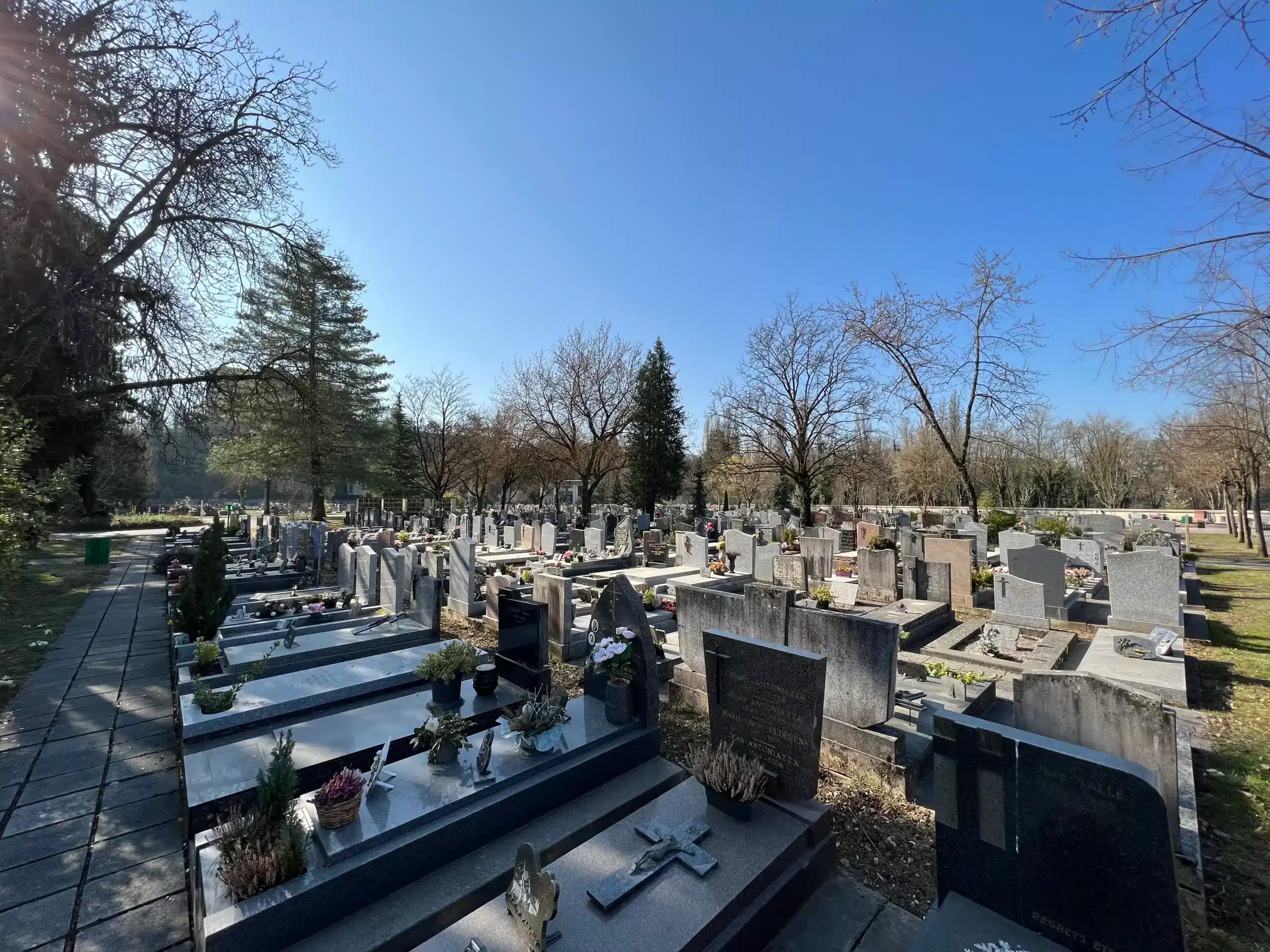 Vue d’un cimetière avec des rangées de tombes gravées, chemin pavé et arbres au fond; ambiance calme et ordonnée. Concession cimetière à perpétuité évoquée par le cadre.