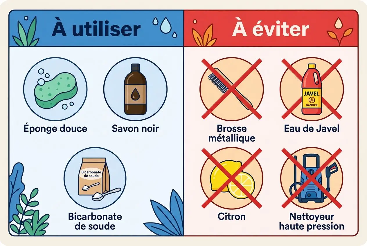 Affiche éducative “À utiliser / À éviter” sur l’entretien d’une tombe: produits à privilégier (éponge douce, savon noir, bicarbonate de soude) et produits à éviter (brosse métallique, eau de Javel, citron, nettoyeur haute pression). Inclut le contexte de comment nettoyer la tombe d'un proche.
