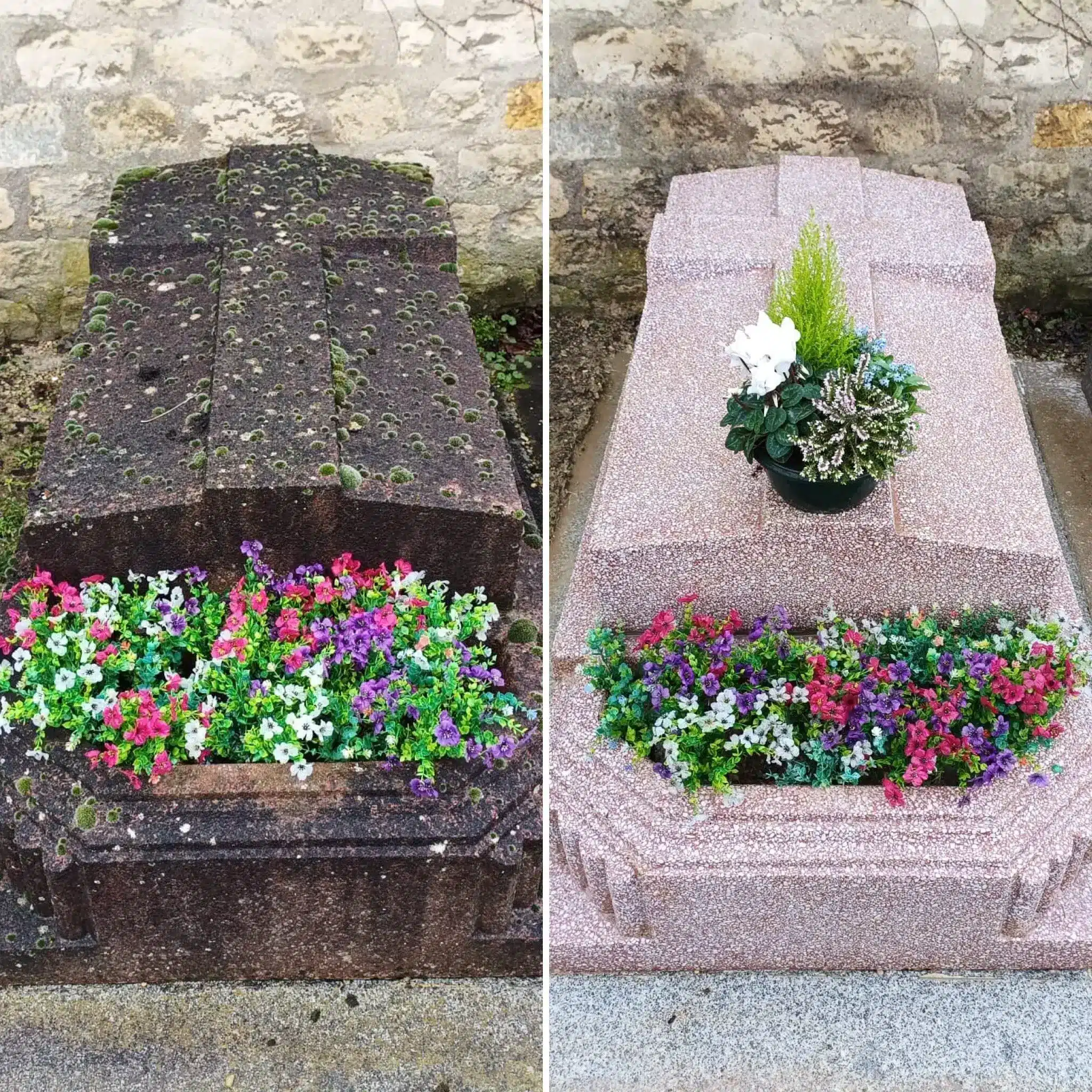 Comparaison avant/après entretien tombe: rebord et fleurs fraîches en haut, fleurs multicolores en bas, la tombe nettoyée et embellie avec composition florale. comment organiser entretien tombe intégré naturellement.