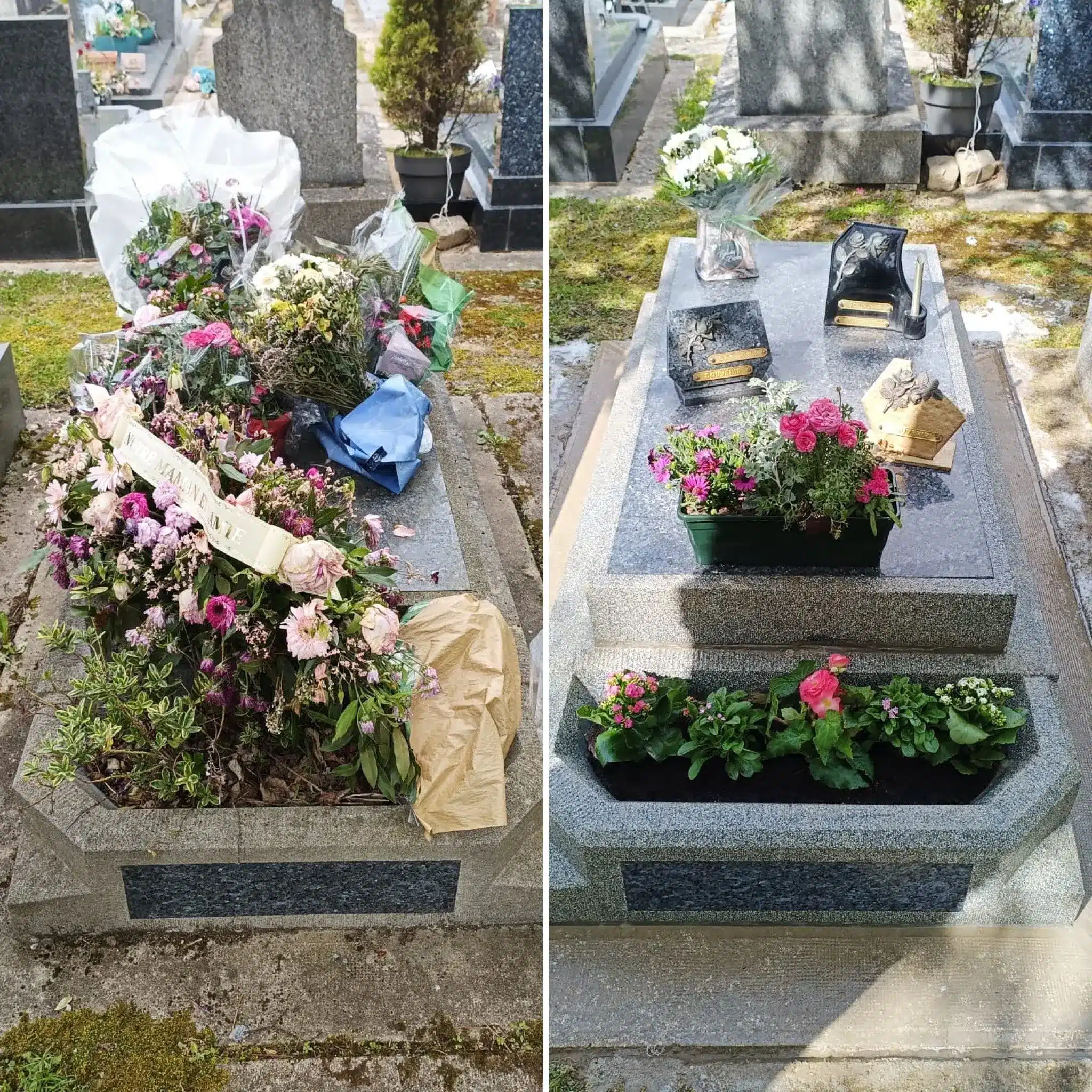 Deux tombes de cimetière avant/après entretien : à gauche, des gerbes et bouquets élégants déposés sur la pierre; à droite, la tombe nettoyée et fleurie avec des pots et cachets décoratifs.