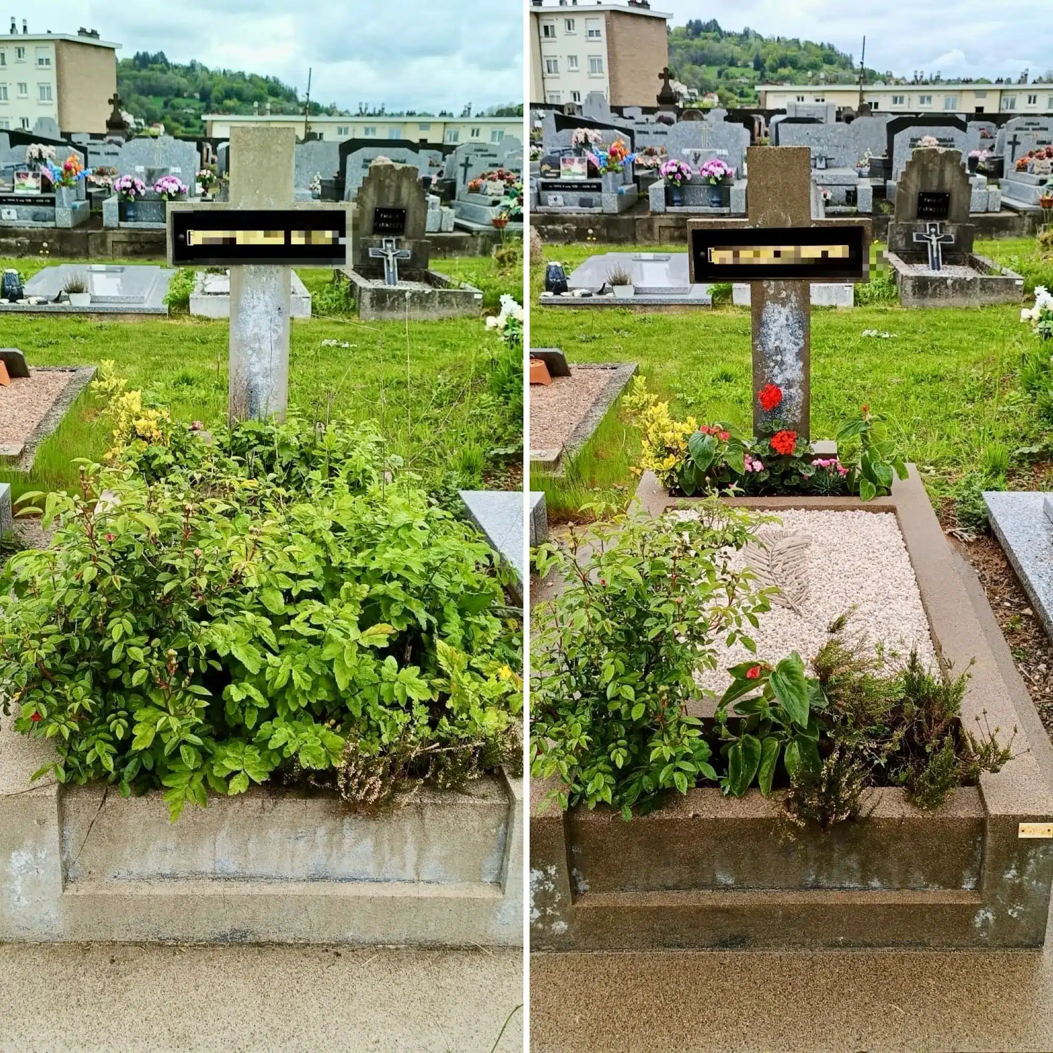 Deux tombes de cimetière avant/après entretien : herbes et buissons sur la pierre tombale lumineuse, fleurs colorées en arrière-plan et gravures visibles. Deux tombes de cimetière avant/après entretien : herbes et buissons sur la pierre tombale lumineuse, fleurs colorées en arrière-plan et gravures visibles.