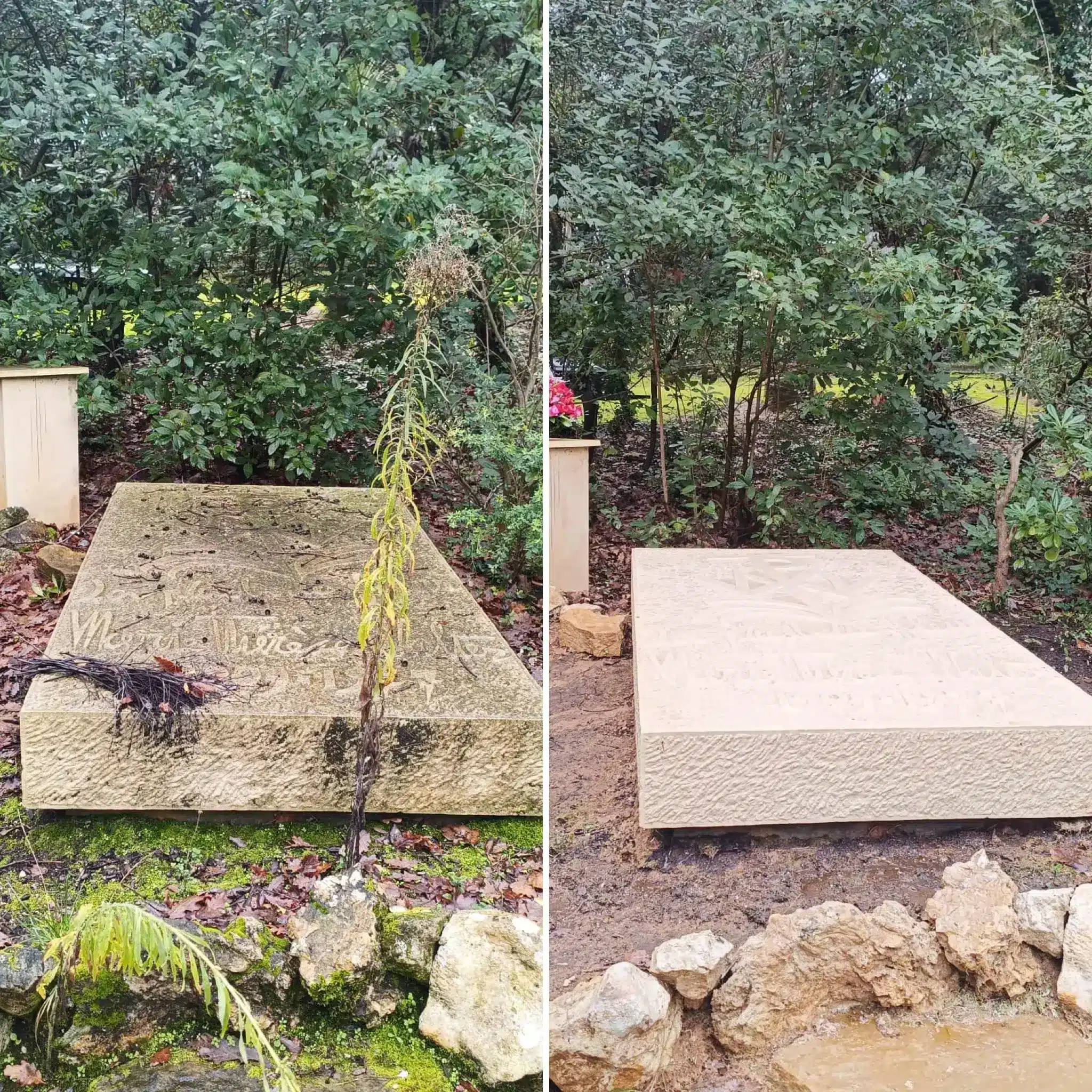 Deux tombes en extérieur avant et après entretien: à gauche, pierre tombale recouverte de mousse et végétation envahissante; à droite, dalle propre et restaurée sous un environnement arboré, avec pierres au premier plan. droits succession entretien tombe intégré naturellement.