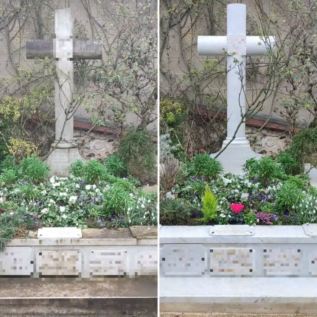Deux tombes identiques avec une croix en pierre entourée de fleurs colorées et de verdure délicate, avant/après élagage et remise en état pour embellir la sépulture.