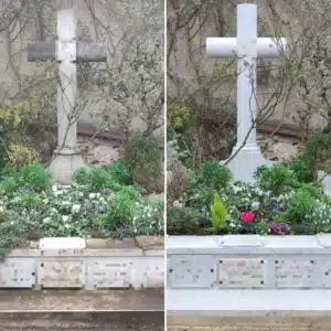 Deux tombes identiques avec une croix en pierre entourée de fleurs colorées et de verdure délicate, avant/après élagage et remise en état pour embellir la sépulture.