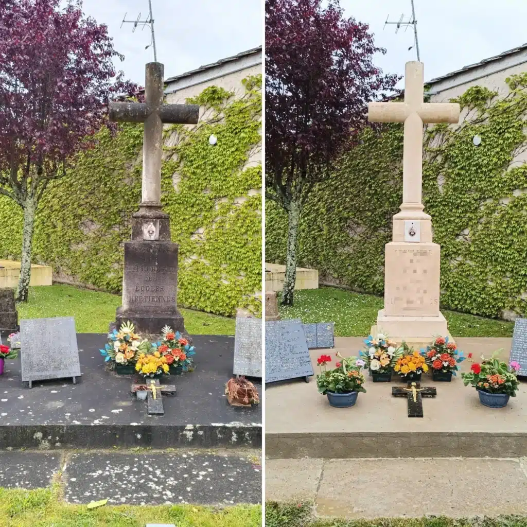 Deux tombes identiques montrant un monument en croix : à gauche, pierre sombre et fleurs autour; à droite, pierre claire rénovée avec fleurs et offrande.