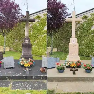 Deux tombes identiques montrant un monument en croix : à gauche, pierre sombre et fleurs autour; à droite, pierre claire rénovée avec fleurs et offrande.