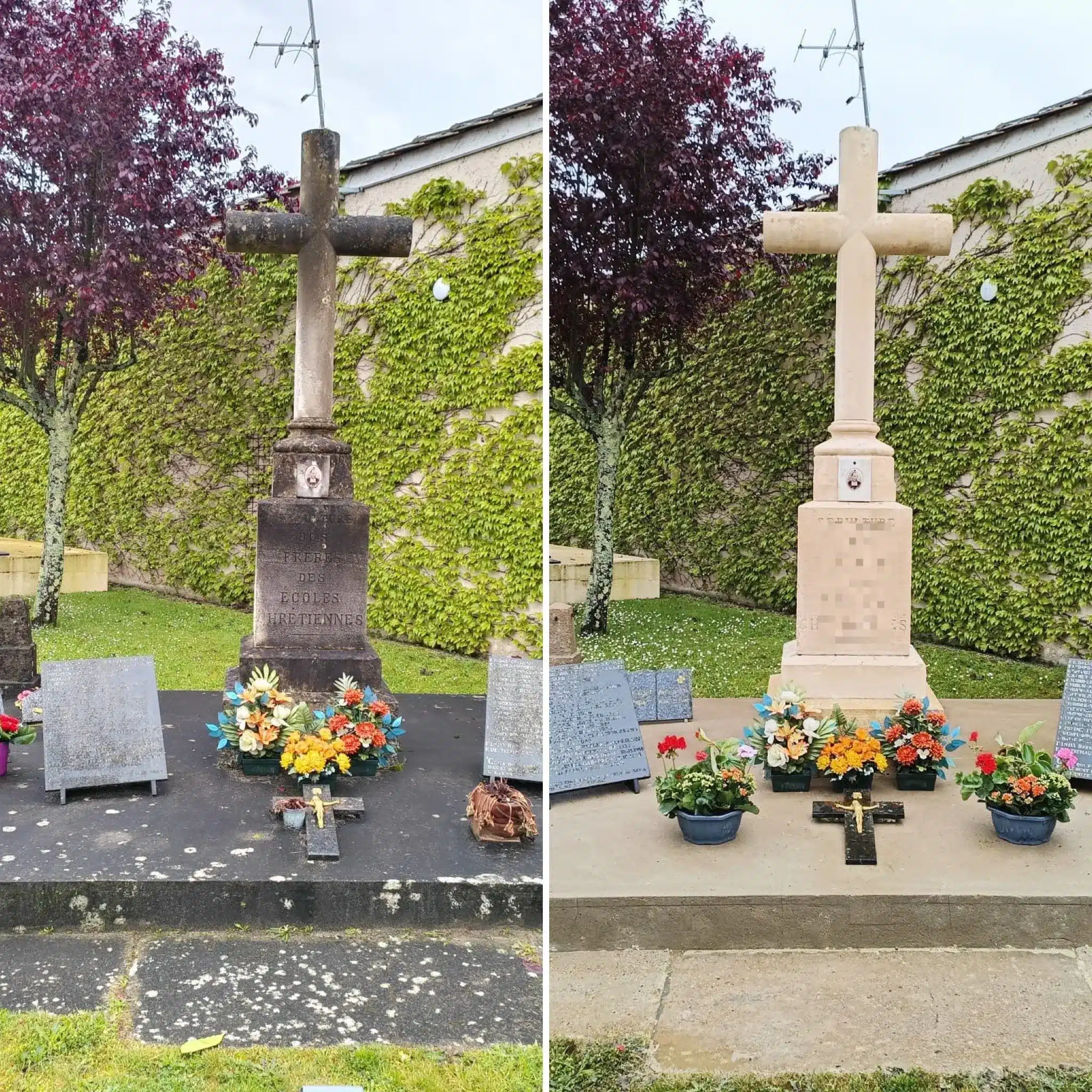 Deux tombes identiques montrant un monument en croix : à gauche, pierre sombre et fleurs autour; à droite, pierre claire rénovée avec fleurs et offrande. Deux tombes identiques montrant un monument en croix : à gauche, pierre sombre et fleurs autour; à droite, pierre claire rénovée avec fleurs et offrande.