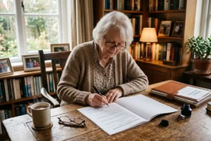 Une femme âgée écrit sur des documents officiers à son bureau, avec une tasse et des lunettes posées devant. Déduction possible pour les frais funéraires dans une succession évoquée.