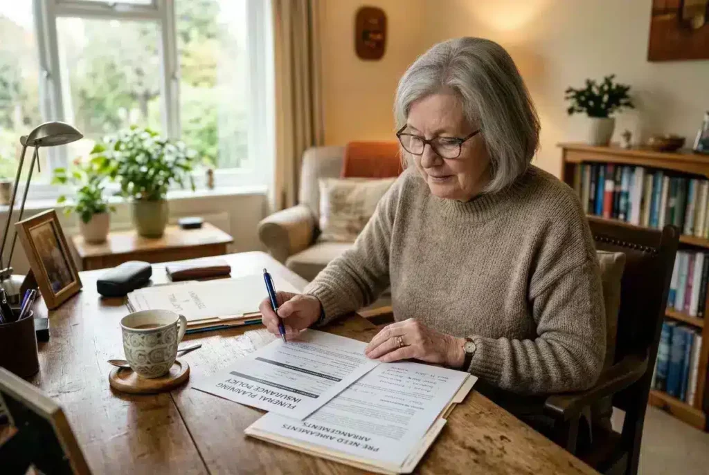 Une femme âgée, lisant et signant des documents sur une table en bois dans un intérieur cosy, avec une tasse et des plantes autour.