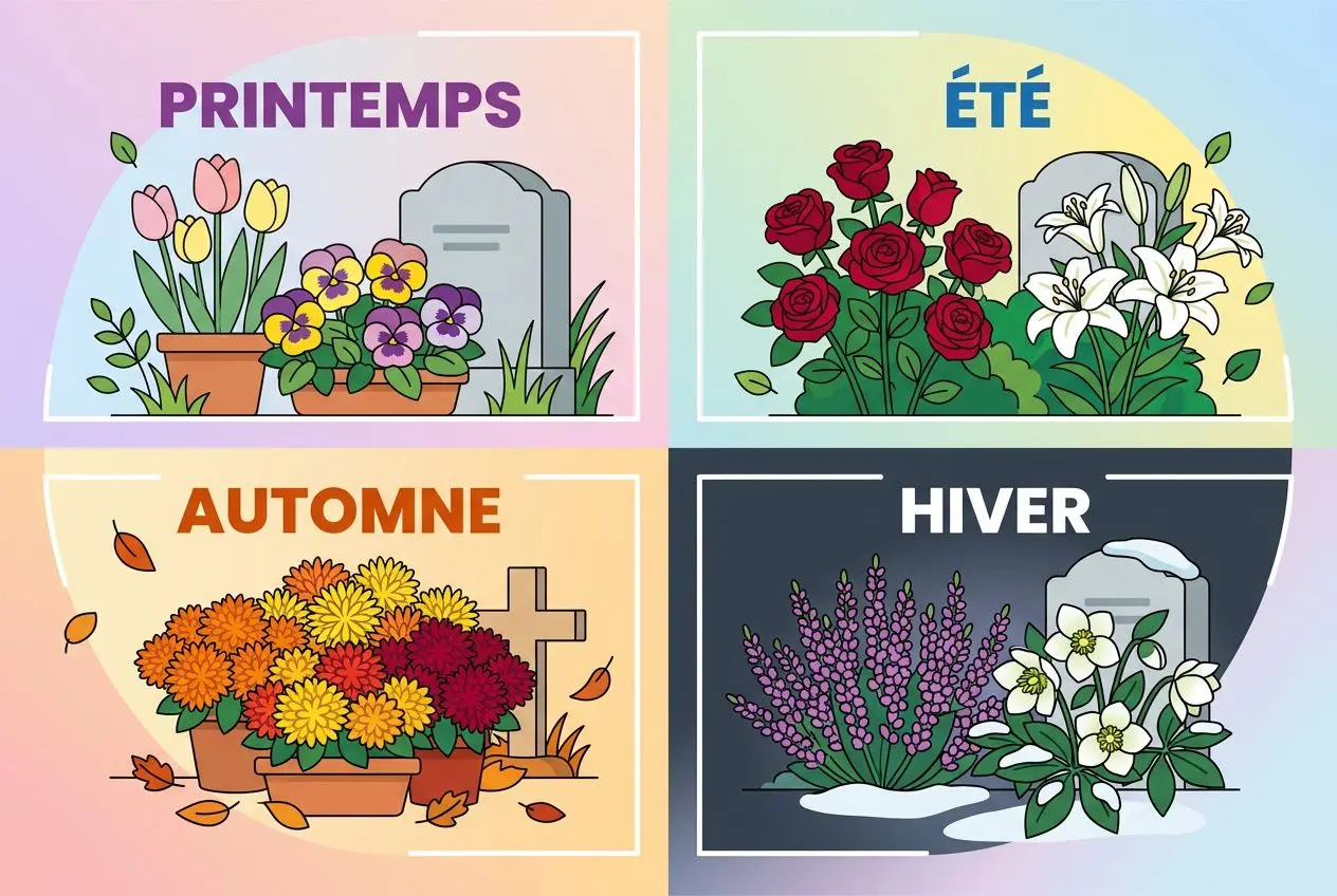 Fleurs pour cimetière qui ne gèlent pas: illustration quadriptyque par saisons avec plantes sans entretien.