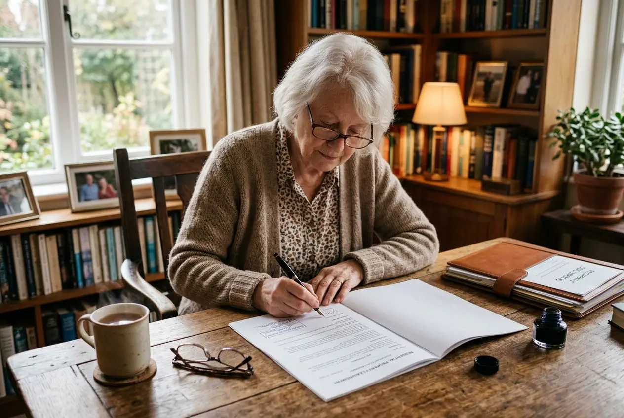 Une personne âgée signe des documents sur une table en bois, avec papier et encres; ambiance bibliothéque chaleureuse. Rémunération annuelle d'un contrat assurance obsèques évoquée.