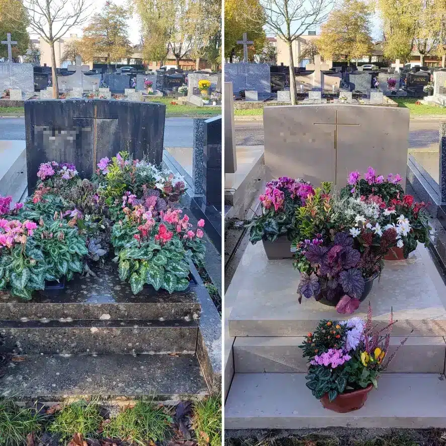 Tombe avec aménagement floral: avant et après nettoyage et fleurissement, affichant des arrangements colorés sur la pierre et au pied, dans un cimetière. coût entretien tombe annuel inclus dans la description.