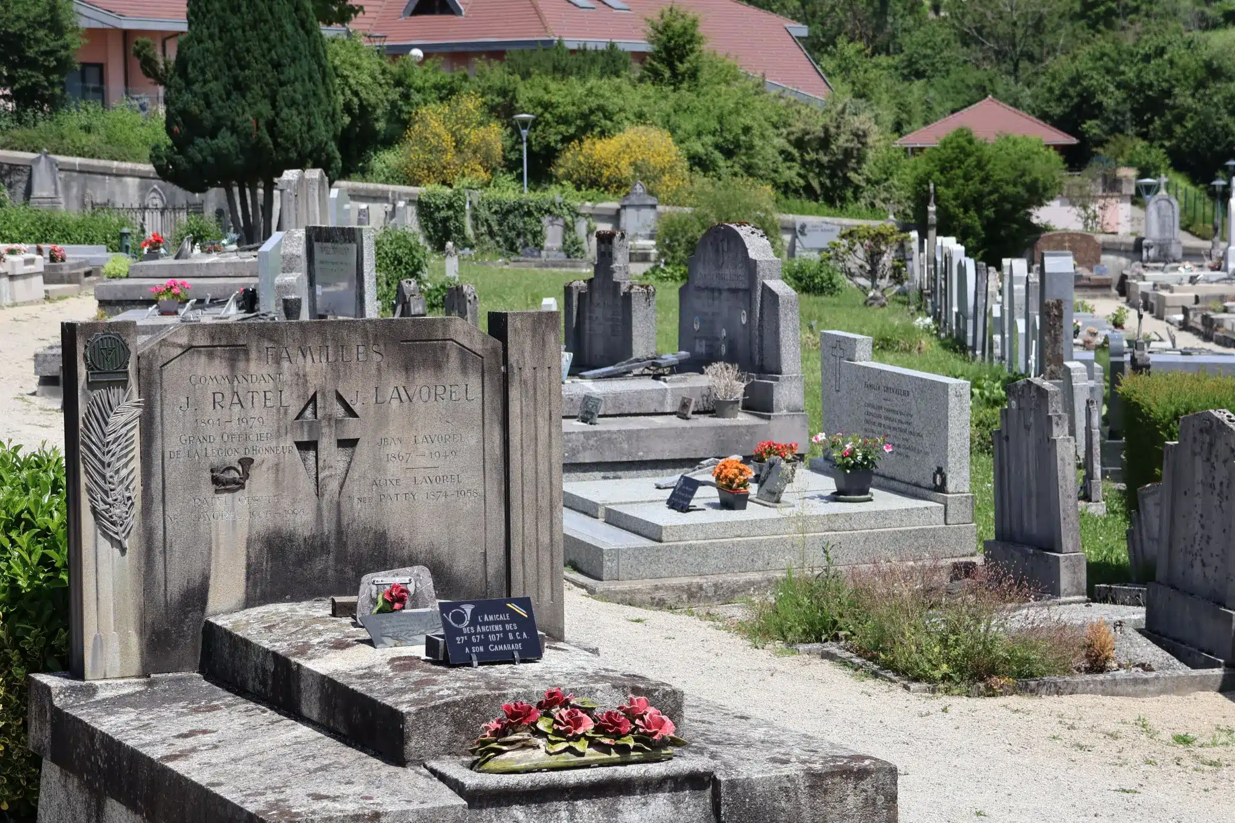 Tombe et monuments funéraires dans un cimetière, avec fleurs et plaques gravées, allée verdoyante et pierres tombales variées.