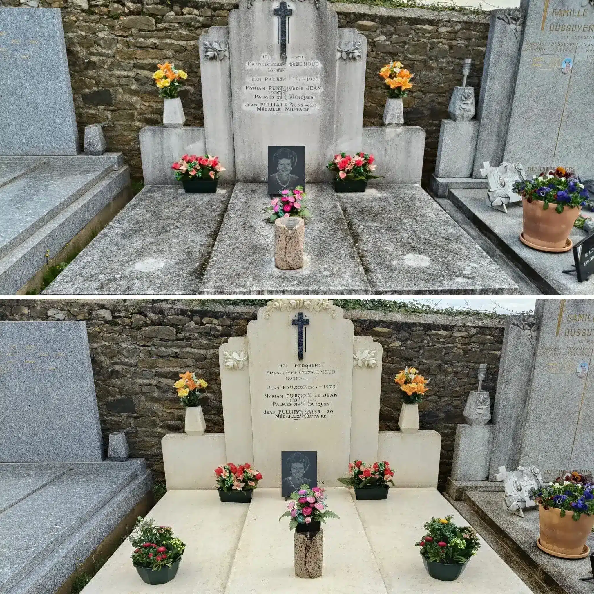 Tombe ornée de fleurs et de petits pots, avant et après, montrant des plantes sur une tombe sans entretien avec des vivaces et couvre-sols.