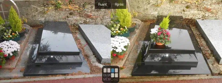 Tombe rectangulaire en granit noir poli, entourée de dalles et de fleurs, représentant un avant/après d’entretien funéraire.