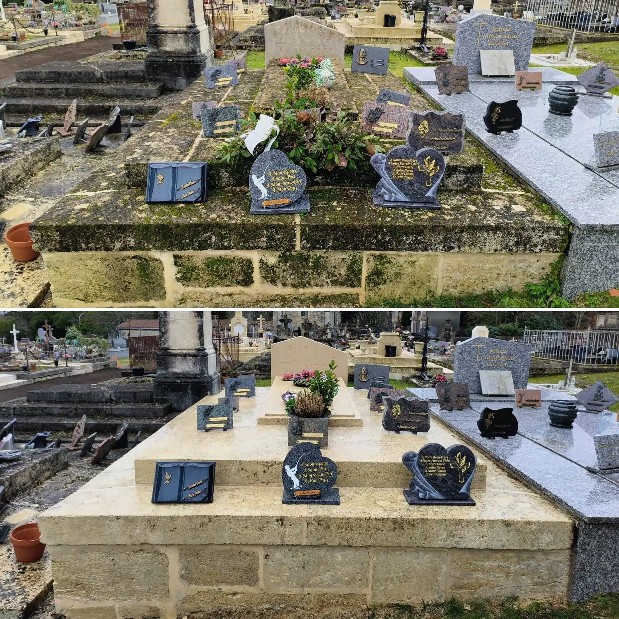 Tombeau partagé avec plaques et monuments funéraires, fleurs et végétation décoratives sur un socle en pierre dans un cimetière.