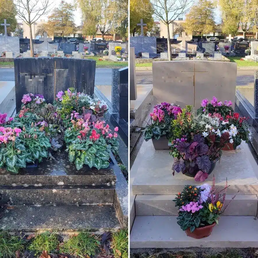 Tombes de cimetière modernes et fleuries: Antes et après nettoyage avec fleurs colorées sur les débris et la pierre. Alt text: Deux vues d'une tombe tombale ornée de fleurs multicolores sur les marches et le socle en pierre.