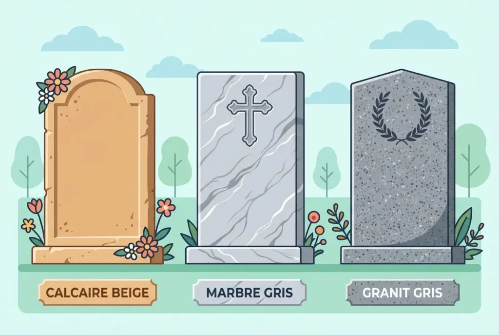 Trois pierres tombales en granit et marbre gris, fleurs et verdure autour; berge beige, marbre gris et granit gris présentés comme choix, avec étiquettes Calcaire beige, Marbre gris et Granit gris. Alt texte intégrant anticiper frais entretien sépulture? "Illustration montrant des choix de matériaux pour anticiper frais entretien sépulture et fleurissement"