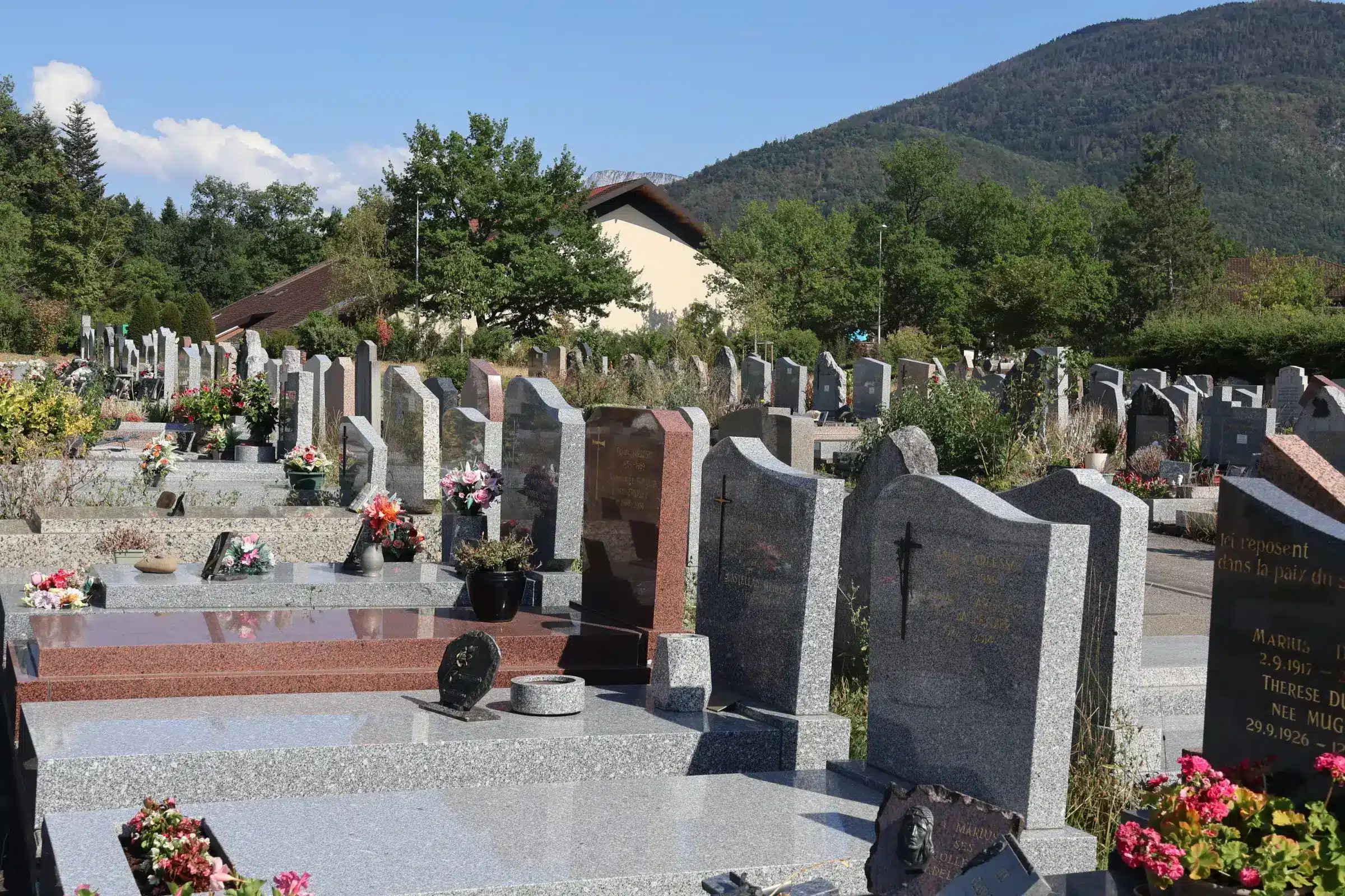 Vue d’un cimetière communal avec de nombreuses tombes en pierre, fleurs et dalles; environnements verdoyants et montagne en arrière-plan. Ce qui est obligatoire dans un cimetière.