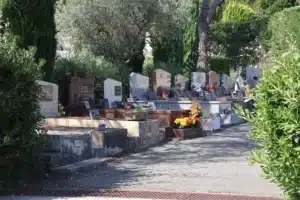 Allée de tombes alignées dans un cimetière, avec pierres tombales, fleurs et arbustes verts.