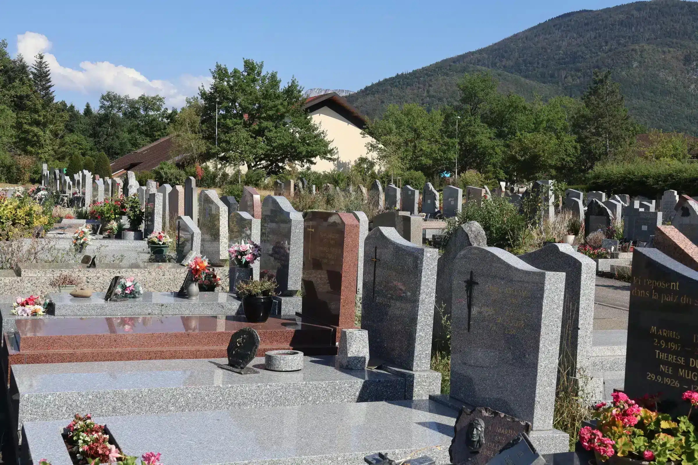 Allée de tombes en cimetière avec des monuments en pierre et des fleurs fraîches déposées sur plusieurs pierres tombales. fleurs à mettre au cimetière en ce moment, ambiance paisible.