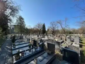 Cimetière lumineux avec de nombreuses tombes en rangées, pierres tombales et croix; arbres nus et chemin pavé à gauche dans un ciel bleu. Acte notarié de donation concession funéraire évoqué.