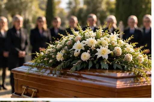 Coffin coffret entouré d’un grand arrangement floral blanc et vert sur fond de personnes en arrière-plan lors d’un hommage. Coffin coffret entouré d’un grand arrangement floral blanc et vert sur fond de personnes en arrière-plan lors d’un hommage.