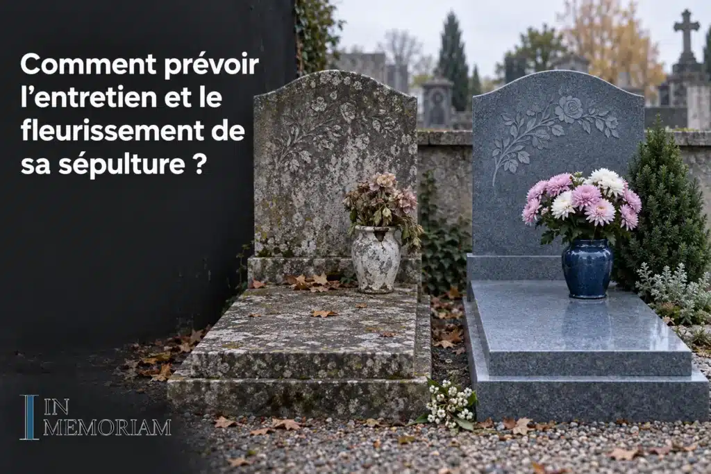 Comment prévoir l’entretien et le fleurissement de sa tombe après son décès ? tombes entretenues avec vase fleuri sur pierre sombre et gris clair, chemin de gravier.
