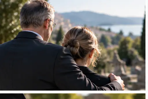 Deux personnes à la tombe, debout, bras dessus, regardant un cimetière au loin lors d’une journée calme. Combien coûte l'entretien de sa tombe après son décès ?