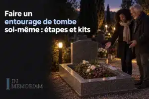 Deux personnes devant une tombe ornée de fleurs dans un cimetière au crépuscule.