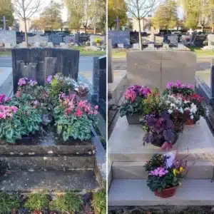 Deux tombeaux au cimetière décorés de bouquets colorés sur les marches, avec des fleurs variées et fitments floraux. garant ies financières sépulture entretien intégré subtilement.