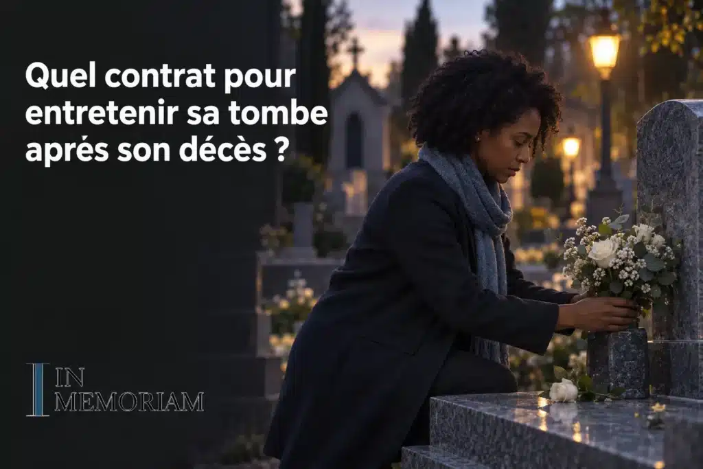 Personne au cemetery déposant des fleurs sur une tombe; ambiance nocturne et lumineuses, texte « Quel contrat pour entretenir sa tombe après son décès ? » en haut à gauche.