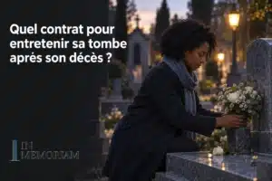 Personne au cemetery déposant des fleurs sur une tombe; ambiance nocturne et lumineuses, texte « Quel contrat pour entretenir sa tombe après son décès ? » en haut à gauche.