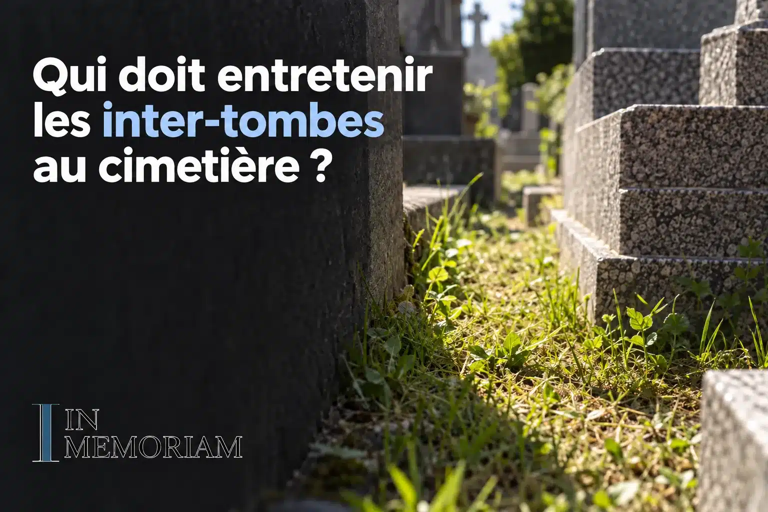 Personne coupe des herbes près des inter-tombes dans un cimetière, mise en avant du service d’entretien.