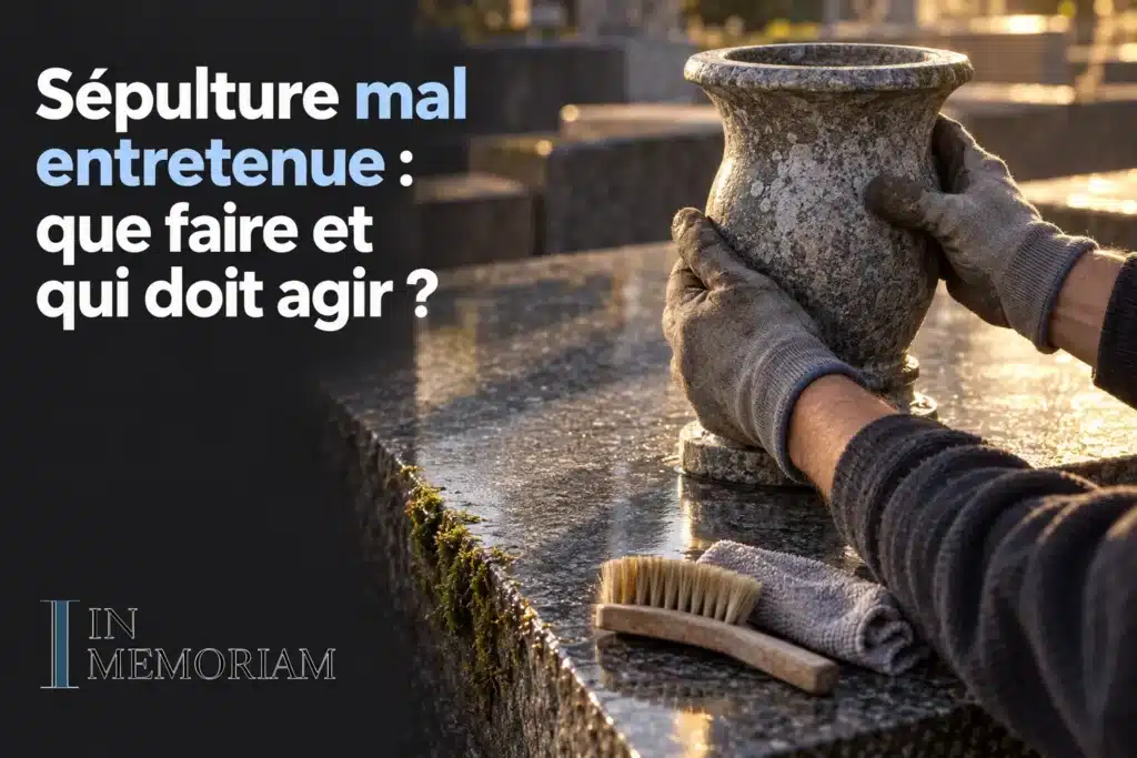 Une personne nettoie une tombe avec des gants et des outils sur un monument funéraire.