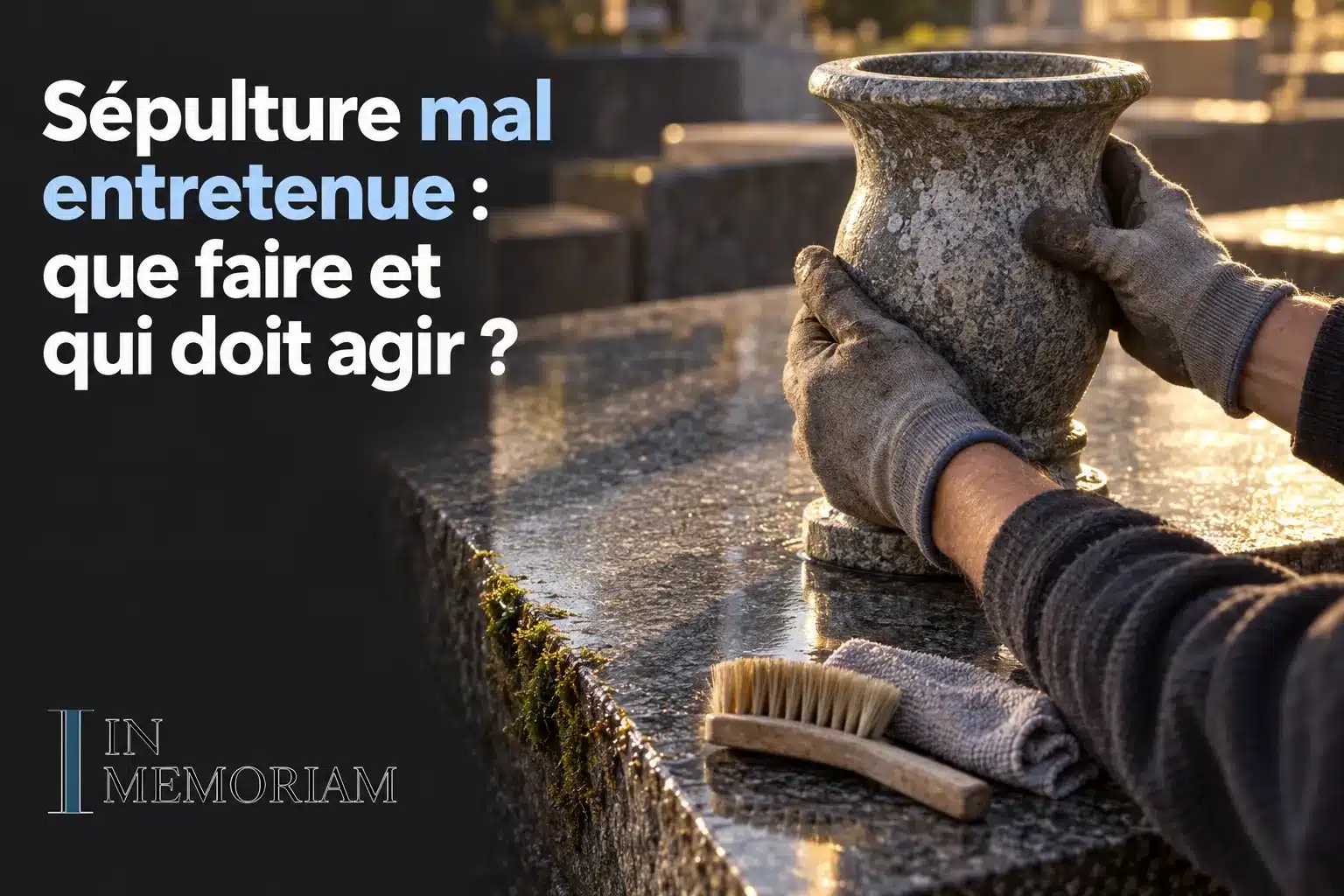 Une personne nettoie une tombe avec des gants et des outils sur un monument funéraire.