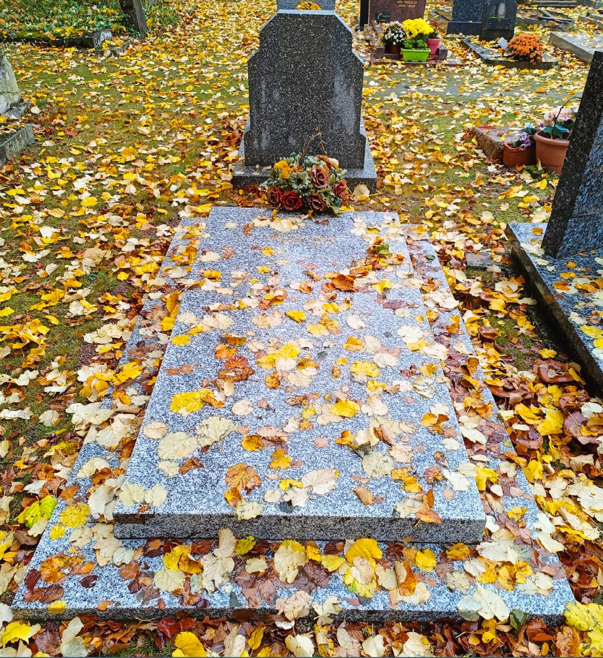 Pierre tombale simple avec bouquet de fleurs posé devant, entourée de feuilles d’automne jaunes et orange.