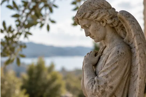 Statue d’Ange en pierre, en prière, avec paysage de cimetière et horizon flou en arrière-plan. Statue d’Ange en pierre, en prière, avec paysage de cimetière et horizon flou en arrière-plan.