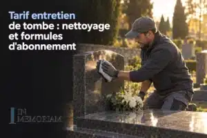 Tarif entretien de tombe : nettoyage et formules d'abonnement, homme nettoyant une tombe avec gant et chiffon, fleurs blanches en premier plan. Combien coûte l'entretien de sa tombe après son décès ?