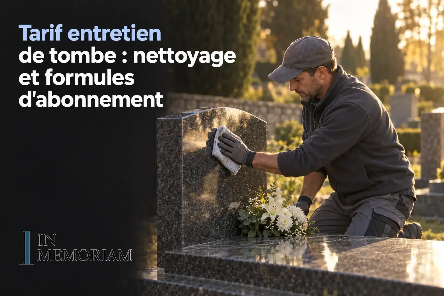 Tarif entretien de tombe : nettoyage et formules d'abonnement, homme nettoyant une tombe avec gant et chiffon, fleurs blanches en premier plan. Combien coûte l'entretien de sa tombe après son décès ?