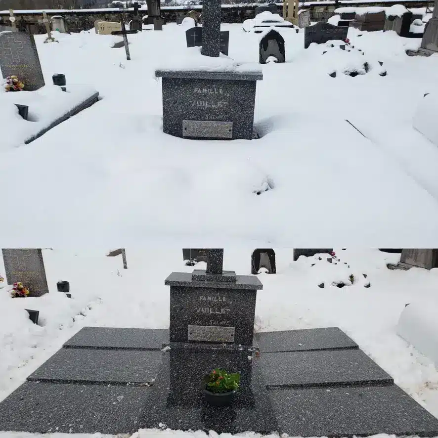 Tombe au cimetière recouverte de neige avec une plante verte en pot sur le socle, entourée d’autres tombes et monuments gris. fleurs à mettre au cimetière en ce moment.