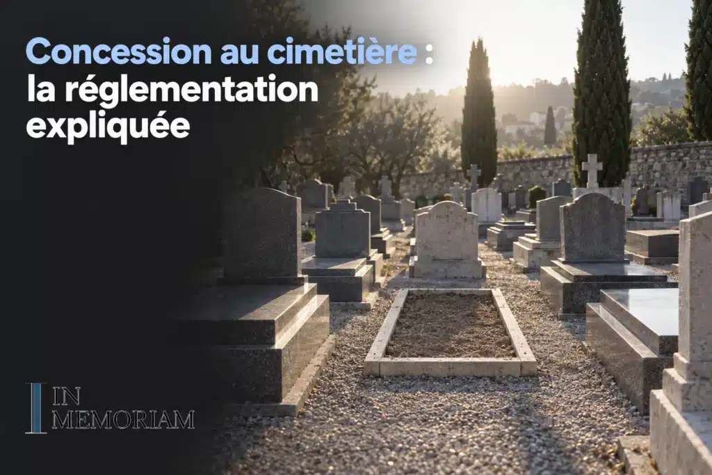 Tombe gravée et alignement de concessions funéraires dans un cimetière, avec des tombes et des arbres en arrière-plan.