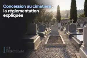 Tombe gravée et alignement de concessions funéraires dans un cimetière, avec des tombes et des arbres en arrière-plan.