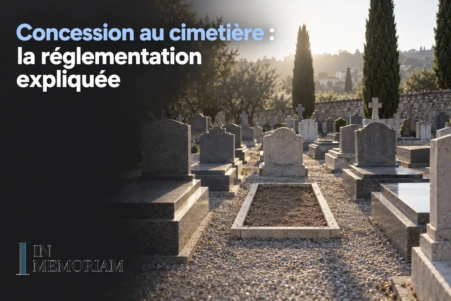 Tombe gravée et alignement de concessions funéraires dans un cimetière, avec des tombes et des arbres en arrière-plan.