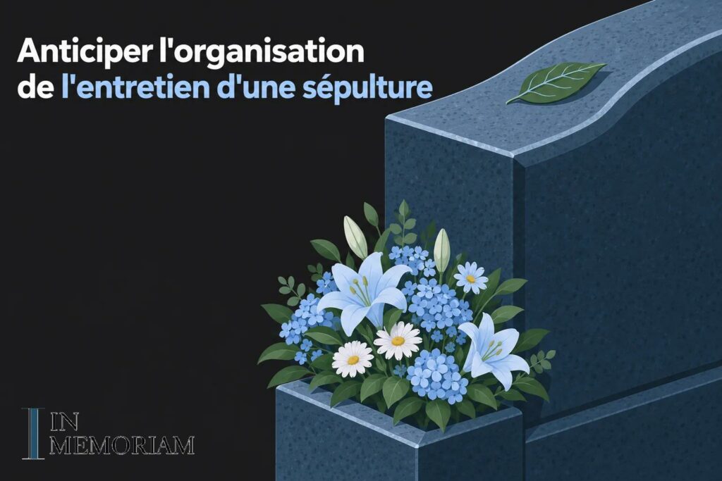 Tombe en pierre avec une jardinière remplie de fleurs bleues et blanches.