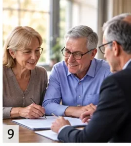 Trois personnes âgées discutent autour d’un contrat, souriantes, lors d’une réunion; un homme en chemise bleue et lunettes signe des documents.