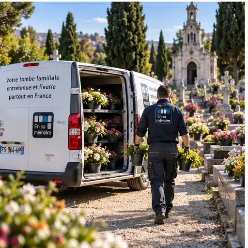 Agent d’entretien transportant des fleurs depuis une camionnette "En sa mémoire" vers un cimetière, entouré de tombes Agent d’entretien transportant des fleurs depuis une camionnette "En sa mémoire" vers un cimetière, entouré de tombes