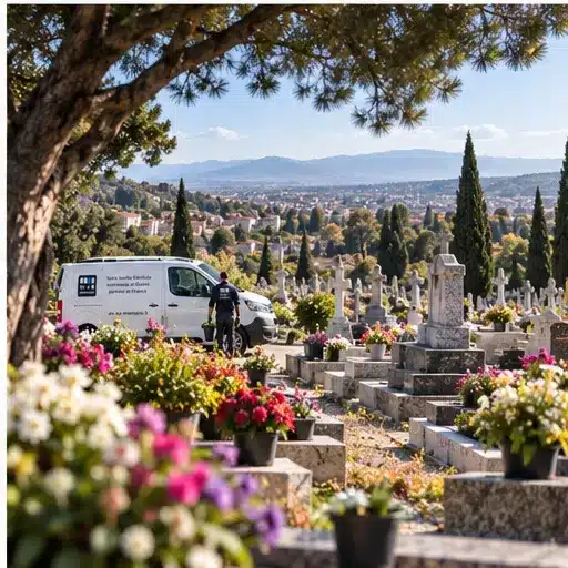 Agent funéraire en véhicule de service parmi des tombes fleuries dans un cimetière, panorama urbain en arrière-plan.