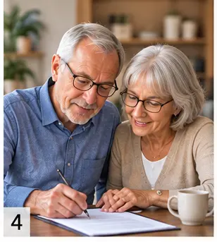 Couple âgé signant un contrat d’entretien de sépultures, tableau et documents sur une table.